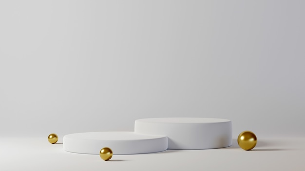 Минимальный роскошный белый дизайн подиум с цилиндрической коробкой на фоне белой бетонной стены