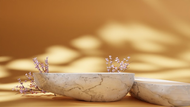 Minimal marble podium with flowers background for product placement