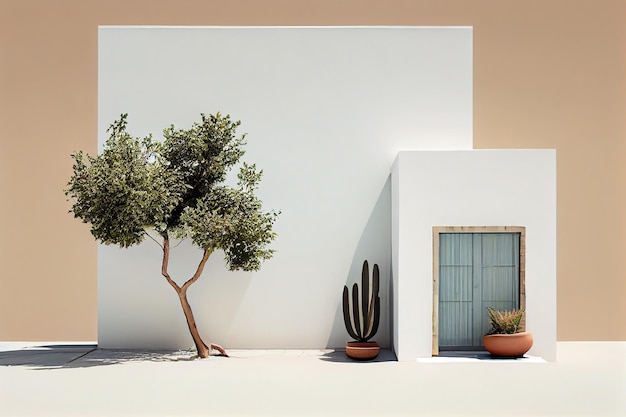 最小限の地中海の壁と植物 外装建築 壁とドアの近くの木 ジェネレーティブ Ai