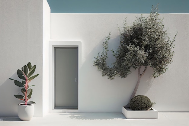 Minimal Mediterranean wall and plant Exterior architecture Tree near the wall and door Generative Ai