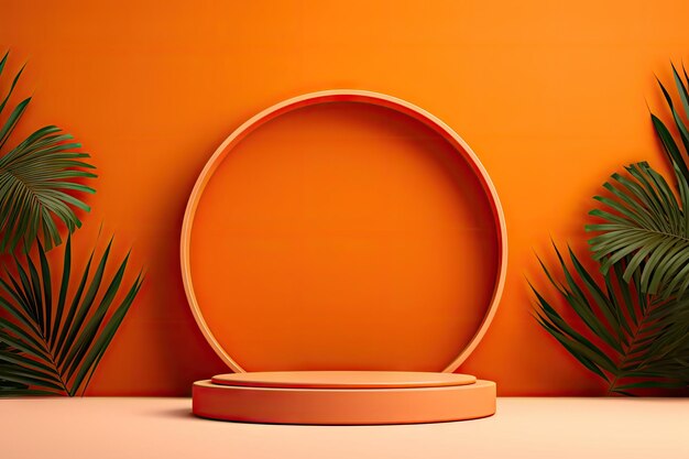 Minimal mock up concept of a luxurious palm leaf podium on an orange background designed for showcas