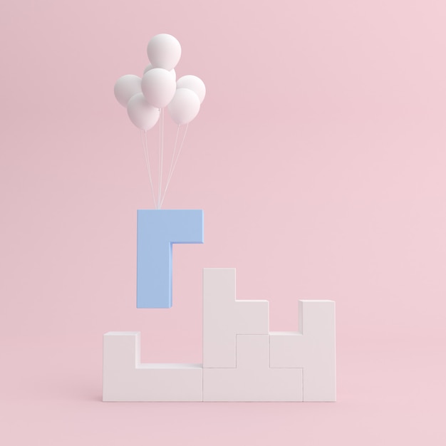 Минимальная макет сцены из сложенных геометрических блоков и плавающих воздушных шаров