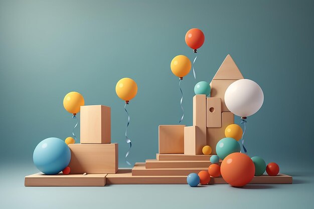 Minimal mock up scene of stacked geometric blocks and floating balloons