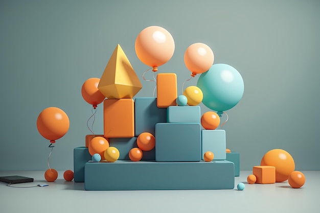 Minimal mock up scene of stacked geometric blocks and floating balloons