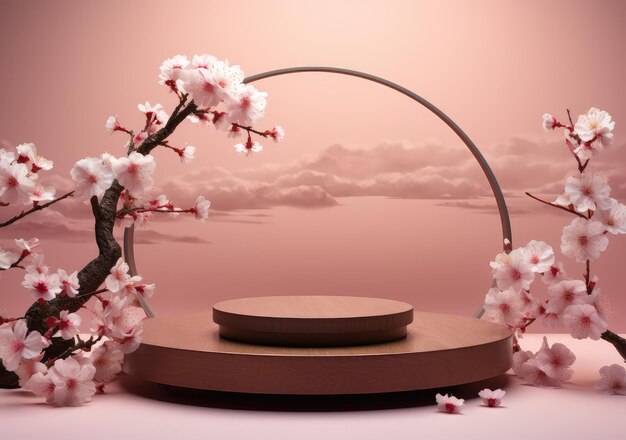 Photo minimal mockup background for product presentation pink podium and cherry blossom flower on pink background ai generative