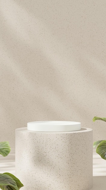 Minimal mockup scene showcasing a portrait style podium with a ceramic texture and soft shadows