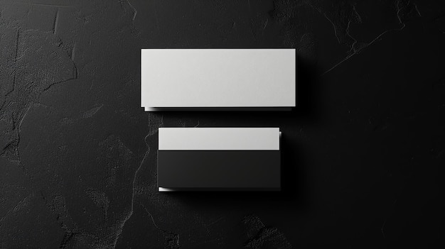 A minimal mockup of two blank business cards on a black textured surface The cards are perfectly aligned and centered in the frame