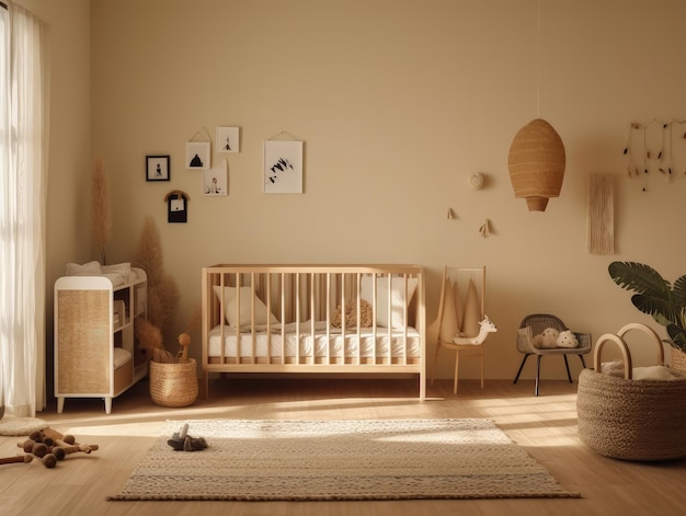 Minimal modern baby room with wooden crib bed generative ai