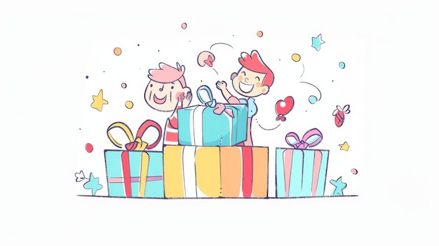 Minimal modern illustration with cute characters opening a gift box