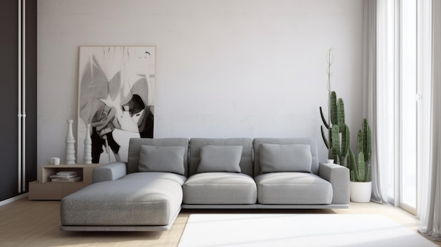 Photo the minimal and modern interior design of a white tone living room with grey sofabeds generative ai aig27