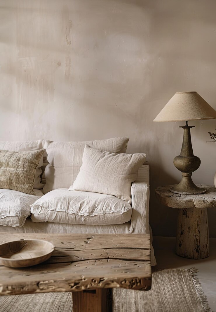 Photo a minimal modern interior with a textured linen sofa and wooden coffee table featuring an antique