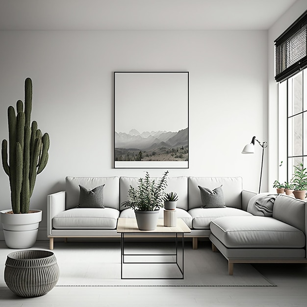 Minimal modern living room with chair table and decorative plant