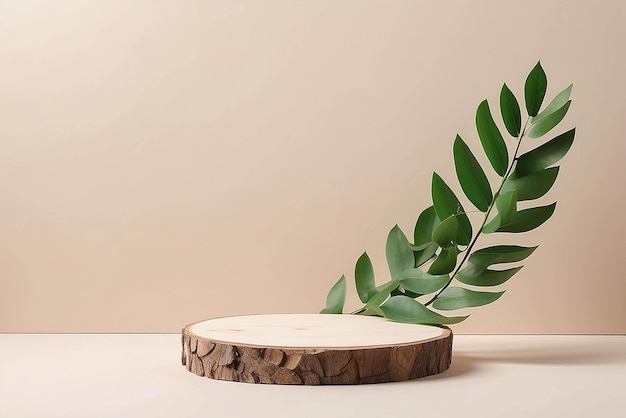 Minimal modern product display on neutral beige background Wood slice podium and green leaves Concept scene stage showcase for new product promotion sale banner presentation cosmetic