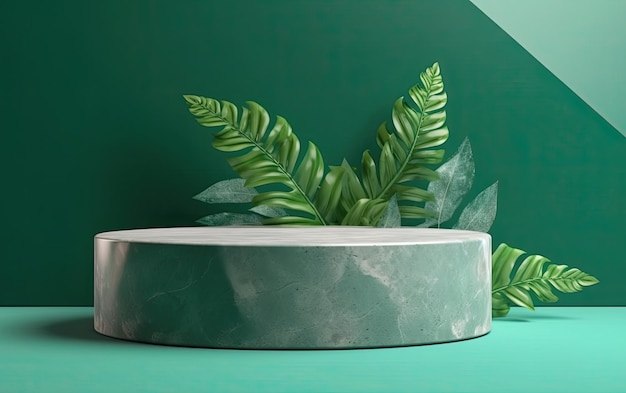 Minimal modern product display podium on dark green background with tropical leaves