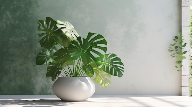 Minimal modern white marble stone counter table tropical monstera plant tree Generative AI