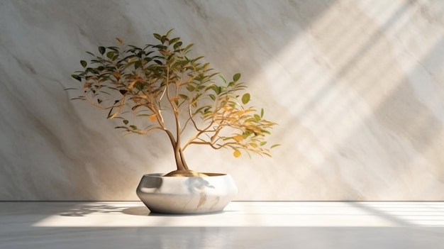 Minimal modern white marble stone counter table tropical plant Generative AI