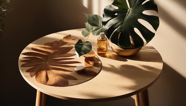 minimal modern wooden round tray podium on white glossy table counter in sunlight leaf shadow