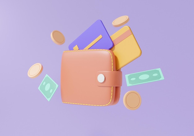 Photo minimal money wallet floating cashback concept banknote coins debit credit card finance saving online payment investment on isolated purple background 3d render illustration