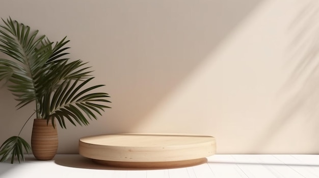 Minimal natural log wood podium table in sunlight palm leaf shadow in blank cream wall Generative AI