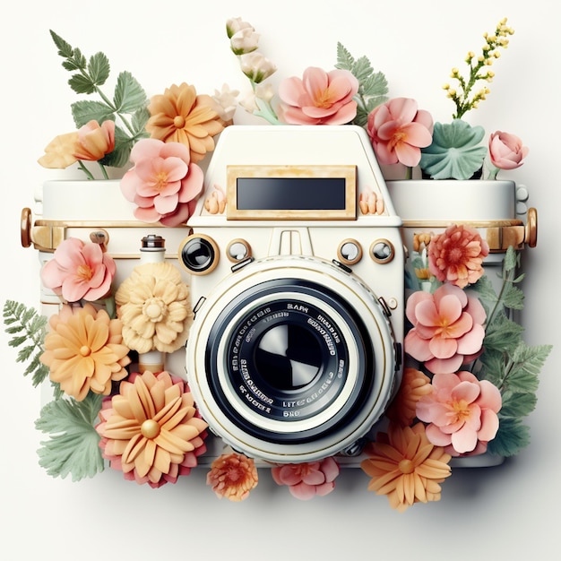 Minimal Pastel pink retro vintage camera with flowers ai generative on white background