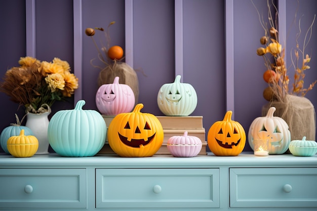 Minimal pastel pumpkins Halloween decoration at home Trendy modern pastel pumpkins on table Autumn holidays decoration arrangement ideas with pastel pumpkins and flowers