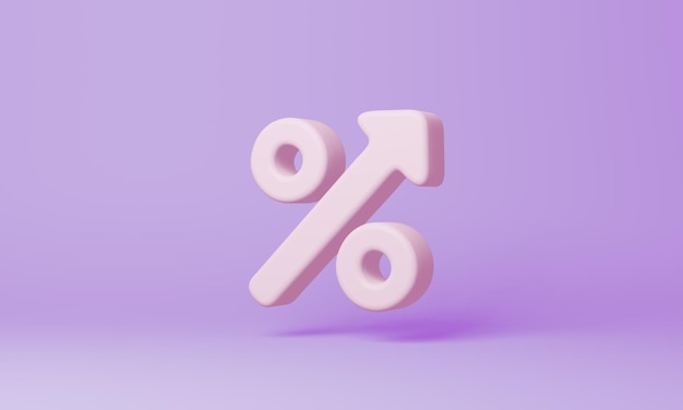 Minimal percent rise symbol on purple background 3d rendering