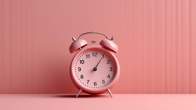 Minimal pink alarm clock on pink background 3D render Generative AI