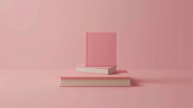 A minimal pink background with a stack of two pink books The top book is standing vertically and the bottom book is laying flat