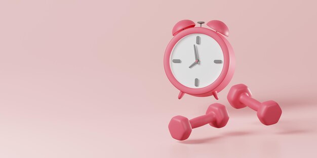 Minimal pink dumbbell and alarm clock on pink background weight
training activity bodybuilding daily gym fitness dieting for health
muscular building time to exercise concept 3d rendering