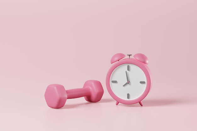写真 ピンクの背景にピンクのダンベルと目覚まし時計 ウェイトトレーニング ボディビルディング 日々のジム フィットネス 健康のためのダイエット 筋肉の構築 時間 運動コンセプト 3d レンダリング