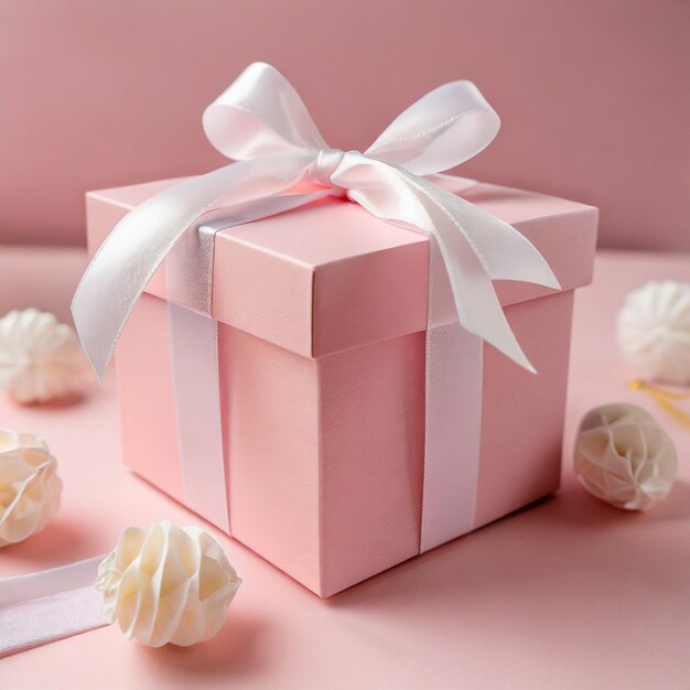 Minimal pink pastel color gift box or pink present box with white ribbon and bow isolated over light..