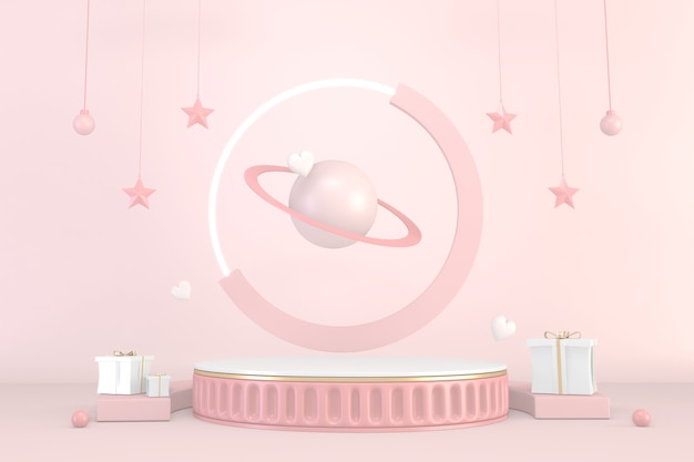 Design minimale del piedistallo rosa per l'esposizione del prodotto, il rendering