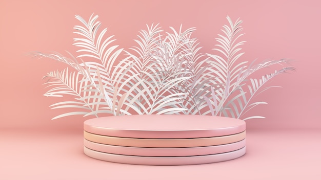 Minimal pink podium with palm leaves