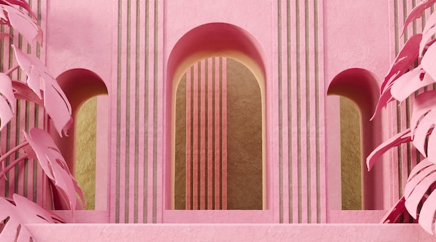 Minimal pink scene for product display presentation concrete display pink wall with archdoor and palm tree 3D render