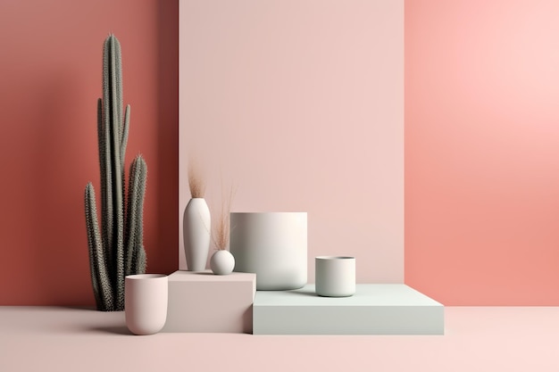 植物と花瓶のある最小限のピンクの壁