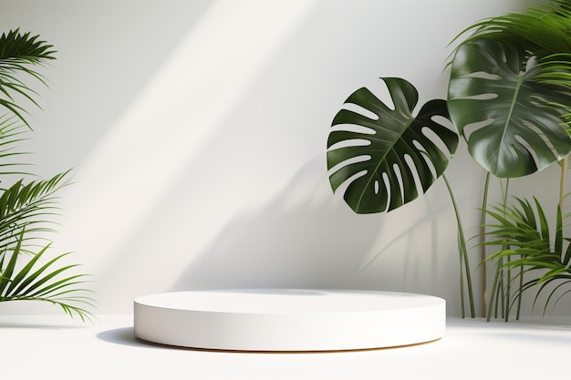 Minimal podium mockup for product presentation decorated with silver monstera leaves d rendering