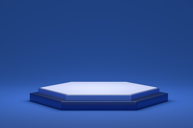 Minimal podium or pedestal display on blue background for cosmetic product presentation