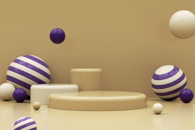 Minimal podium for product presentation surrounded by spheres 3d rendering