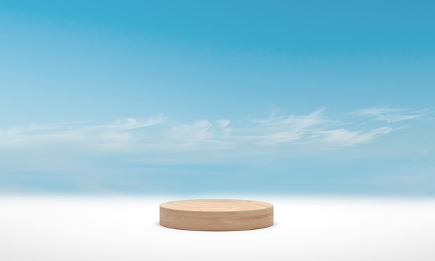 Минимальный подиум деревянный цилиндр подиум над облаком голубого неба