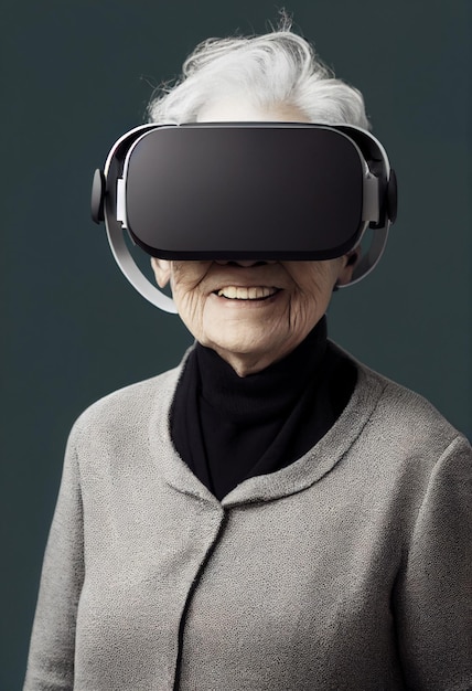 Minimal portrait of old woman wearing VR headset on studio dark light smirking slightly smiling black background style Old people new technologies concept Senior future woman adapting to tech