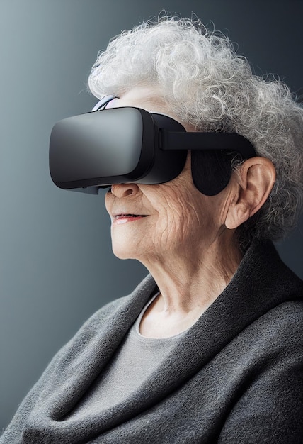 스튜디오 어두운 조명에 VR 헤드셋을 착용한 노부인의 초상화는 약간 웃고 있는 검은색 배경 스타일 노인 신기술 개념 기술에 적응하는 수석 미래 여성