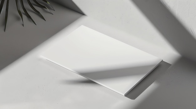 Photo a minimal product display with a blank white book mockup and a single palm leaf in the background
