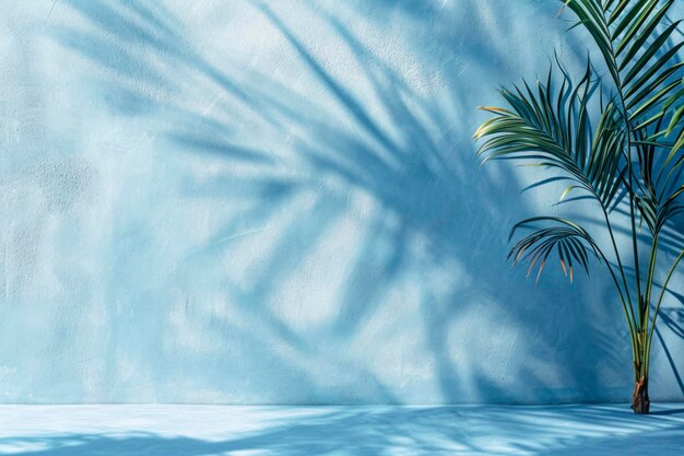 Minimal product placement background with palm shadow on blue plaster wall