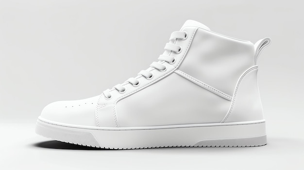 A minimal product shot of a clean allwhite hightop sneaker on a matching white background