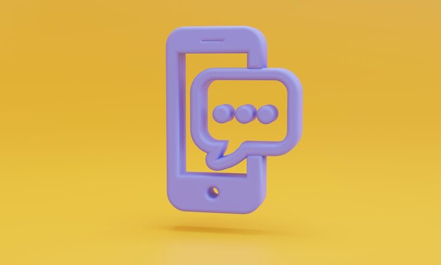 Minimal purple mobile phone with chat symbol on orange background 3D illustration