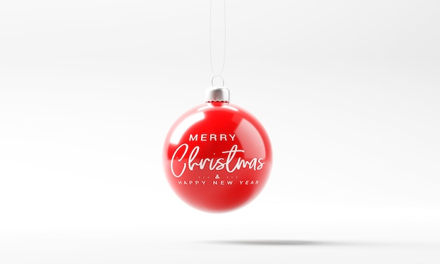 Photo minimal red christmas ball with merry christmas and happy new year on white background