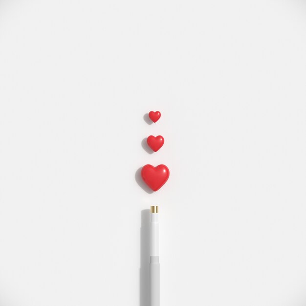 Minimal Red hearts shape with cue  on white pastel background.  