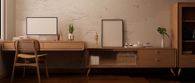Минималистичный скандинавский дизайн интерьера рабочей комнаты с деревянной мебелью, компьютерный макет