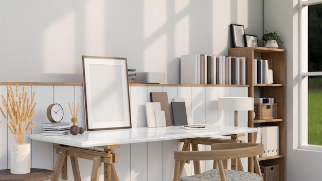 Sala di lavoro domestica nordica scandinava minimale con mockup di cornice poster sul tavolo bianco