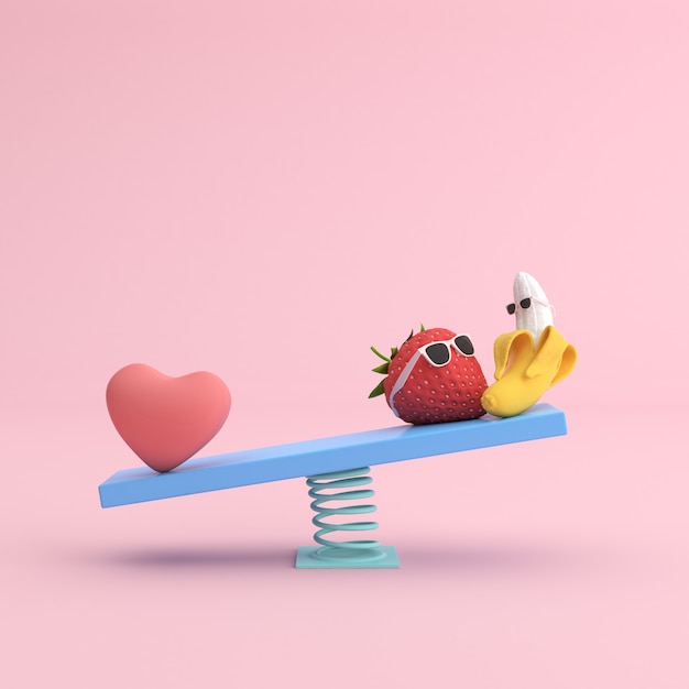 Minimal scene of heart and strawberry with banana on swing chair